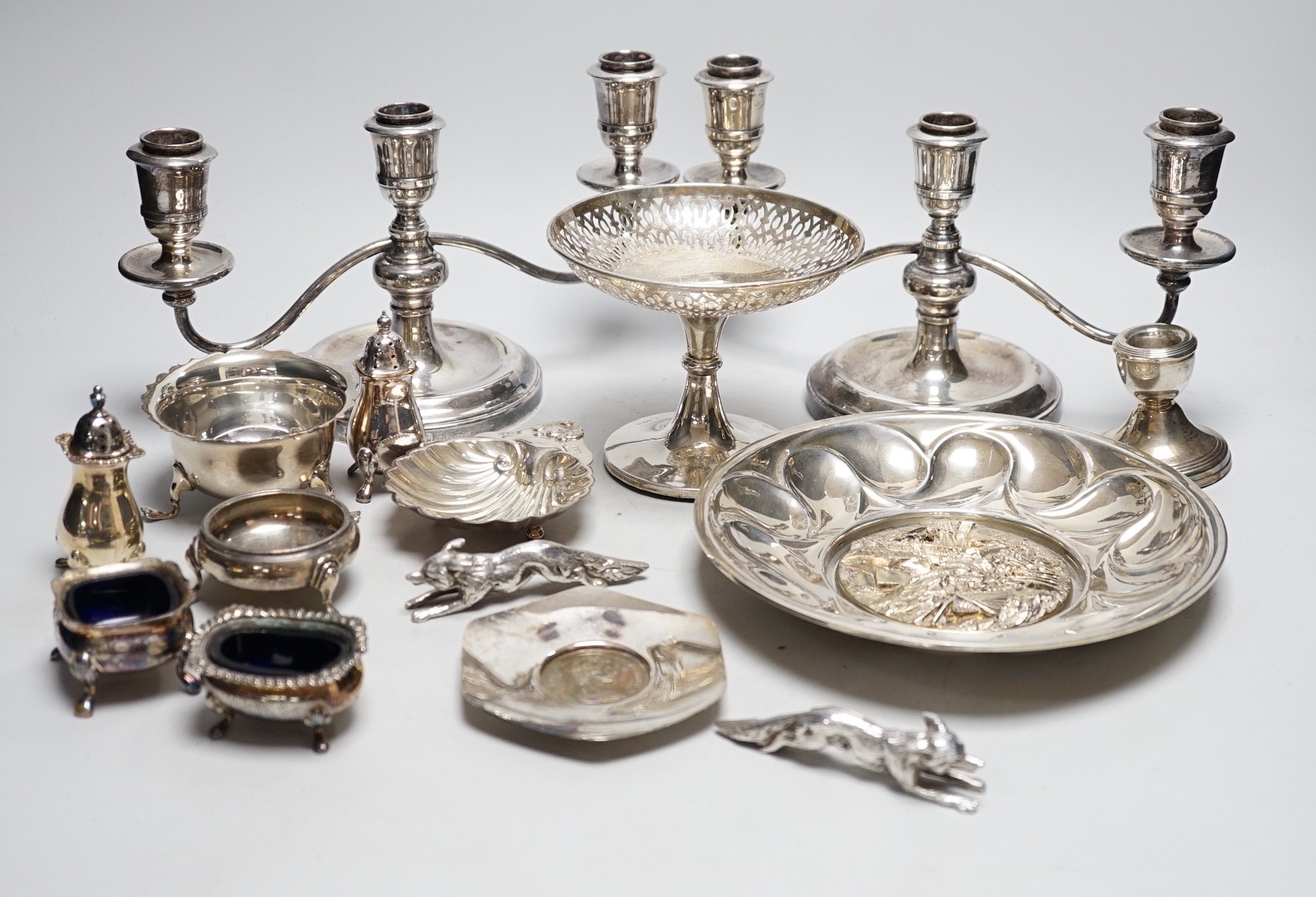 Sundry small silver including a Georgian salt, pierced tazze, sugar bowl, two small dishes, dwarf candlestick, a modern Royal National Lifeboat Association commemorative dish and eight plated items.